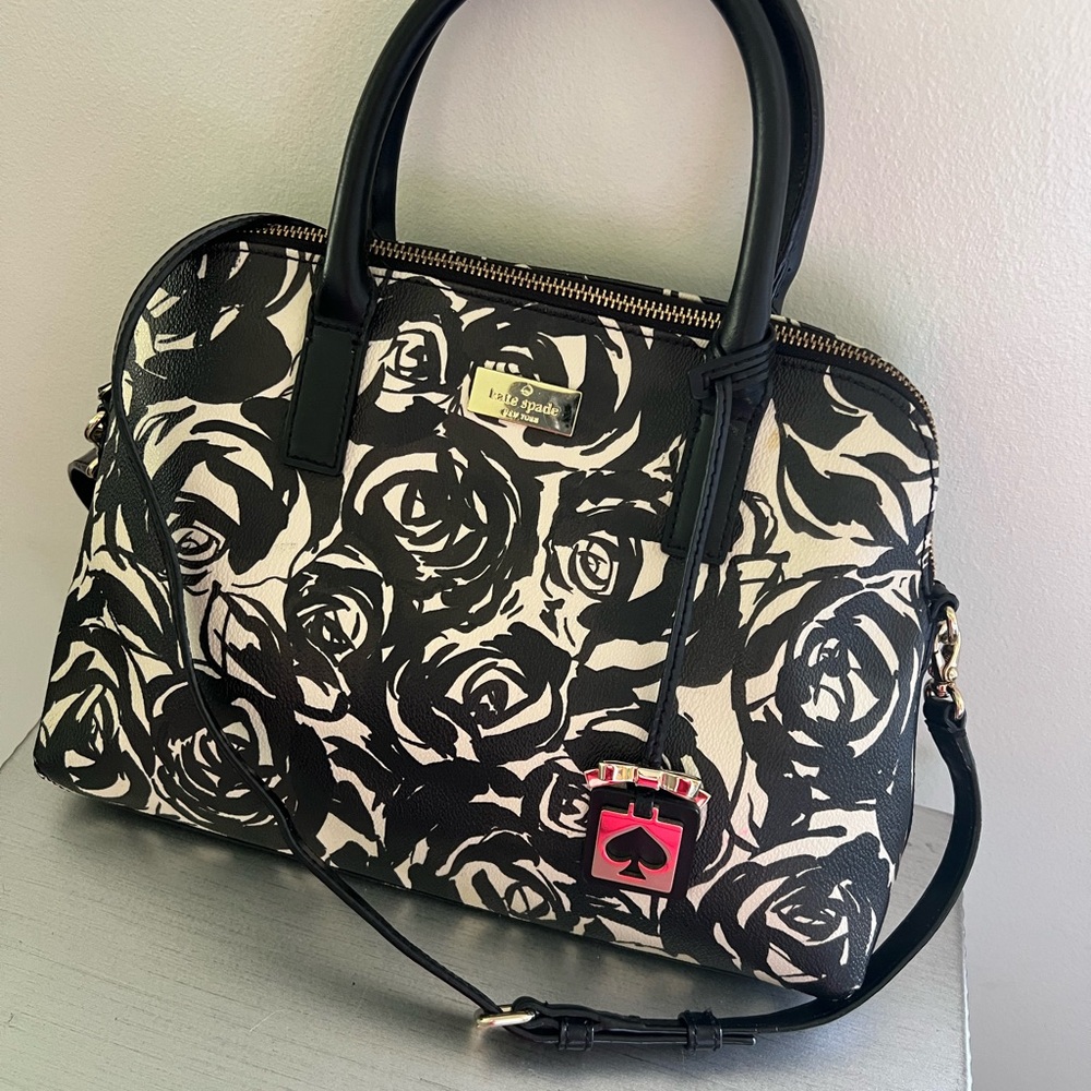 Kate Spade Small Rachelle Brightwater Drive Rose Handbag Black Cream Floral - Picture 2 of 10